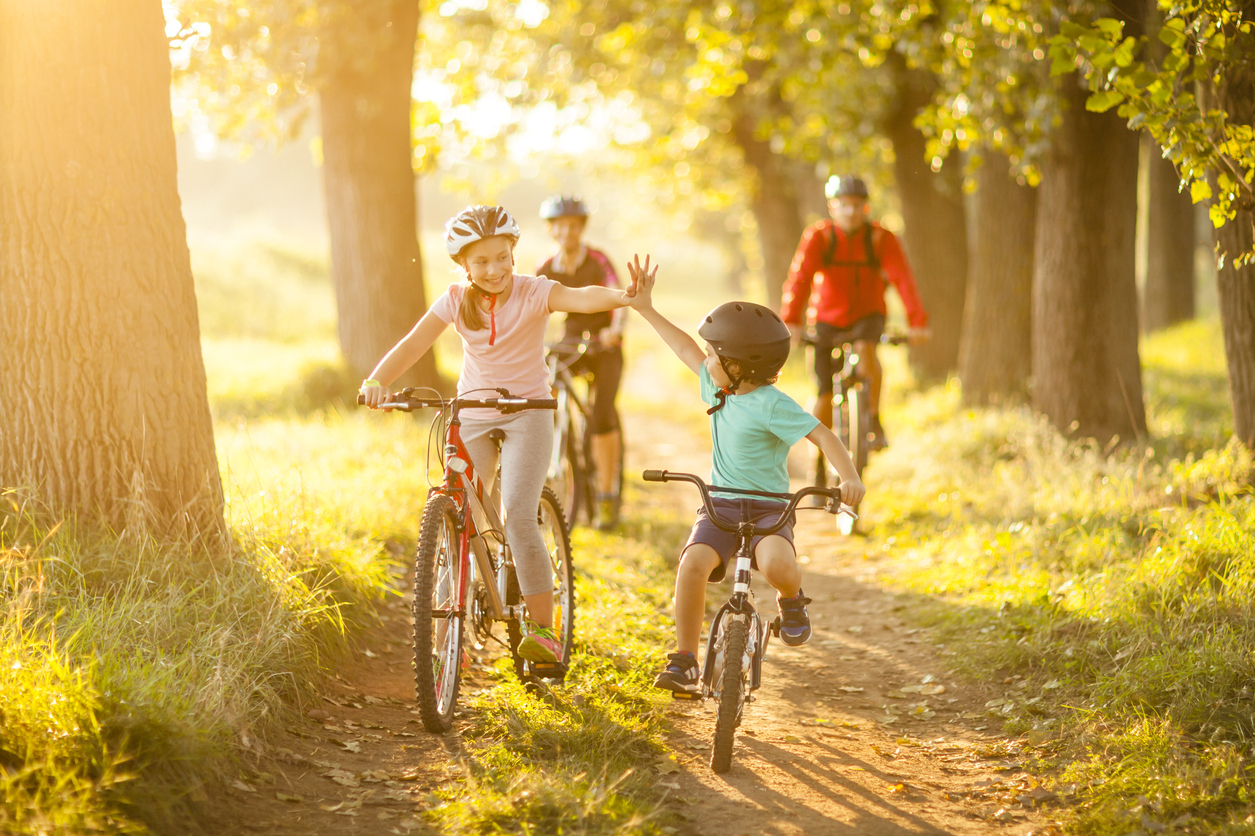 Happy family cycling in the countryside on a bright sunny day